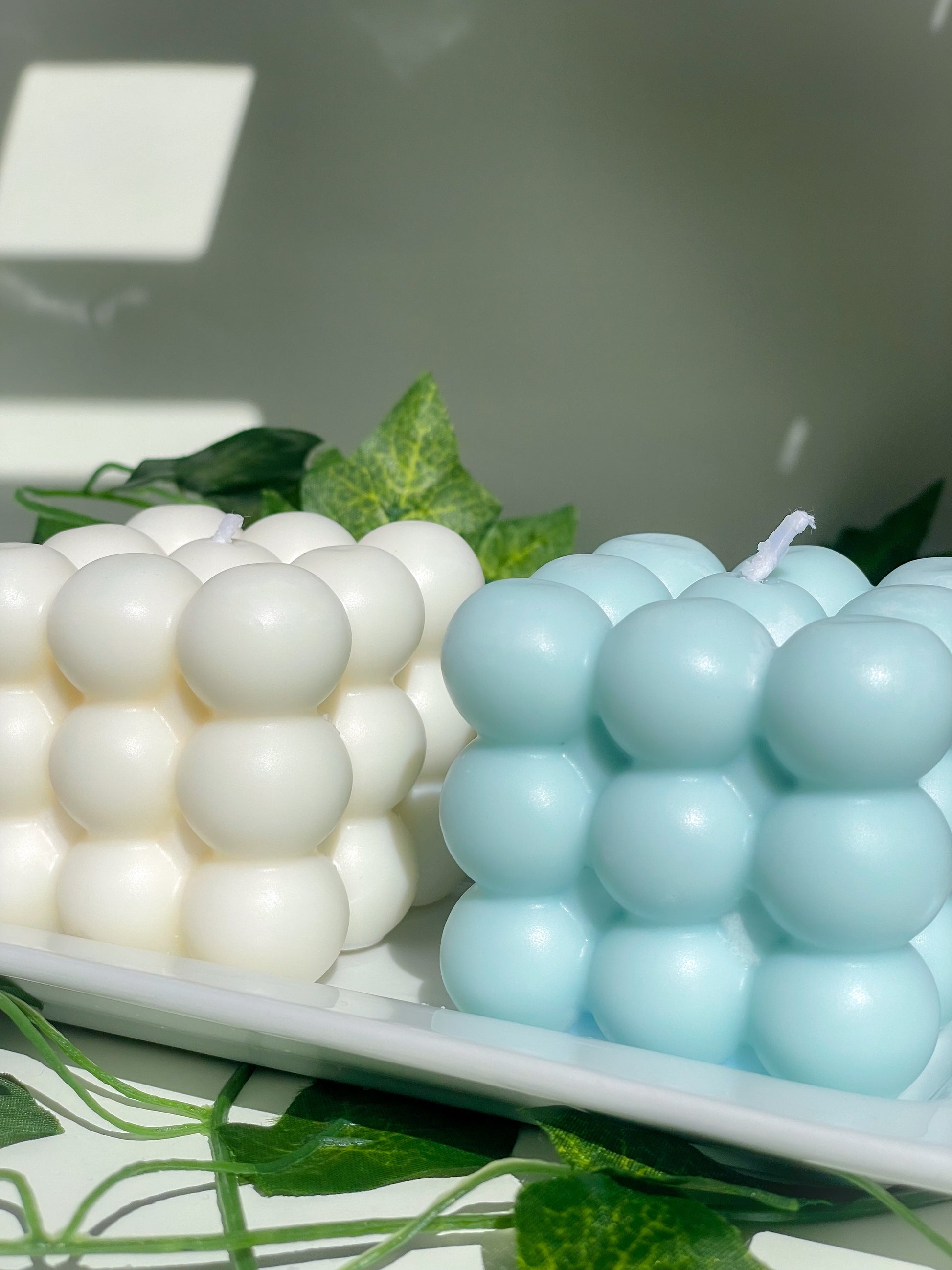 pastel blue and white bubble candles